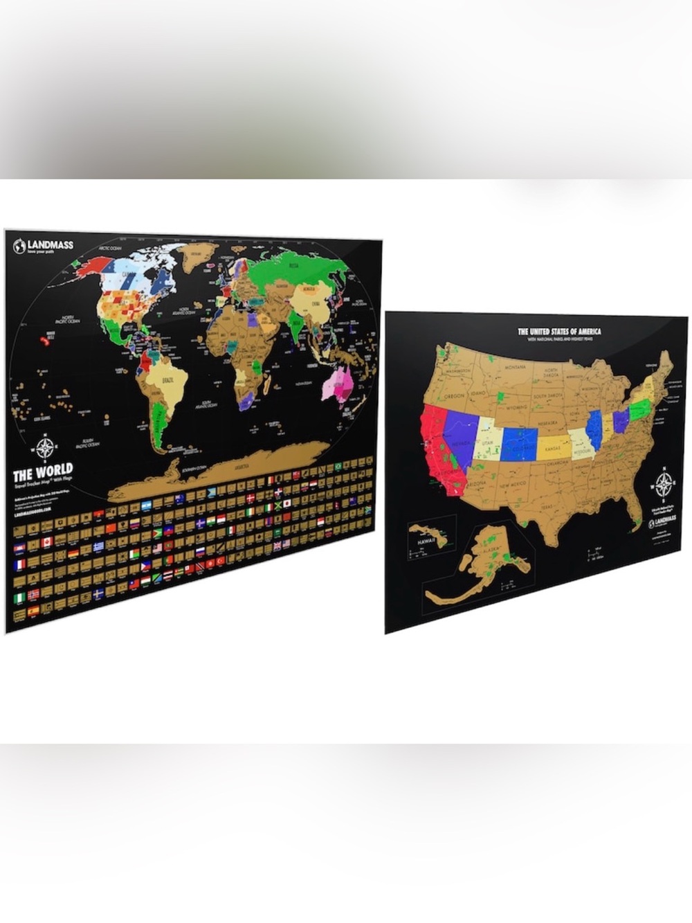 Wanderlust Set of 2 Scratch-Off World and US Map Poster | Black with Gold | New!